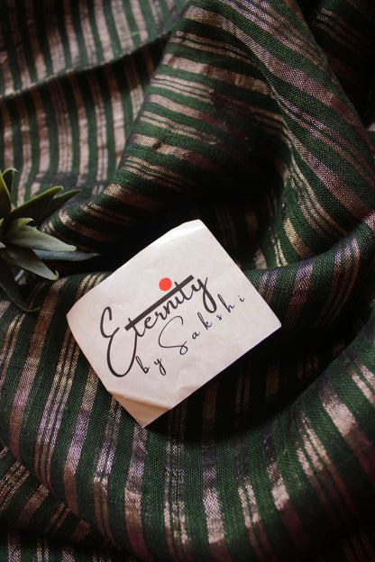 Green Metallic Stripes Linen Ira Saree - Eternity by Sakshi
