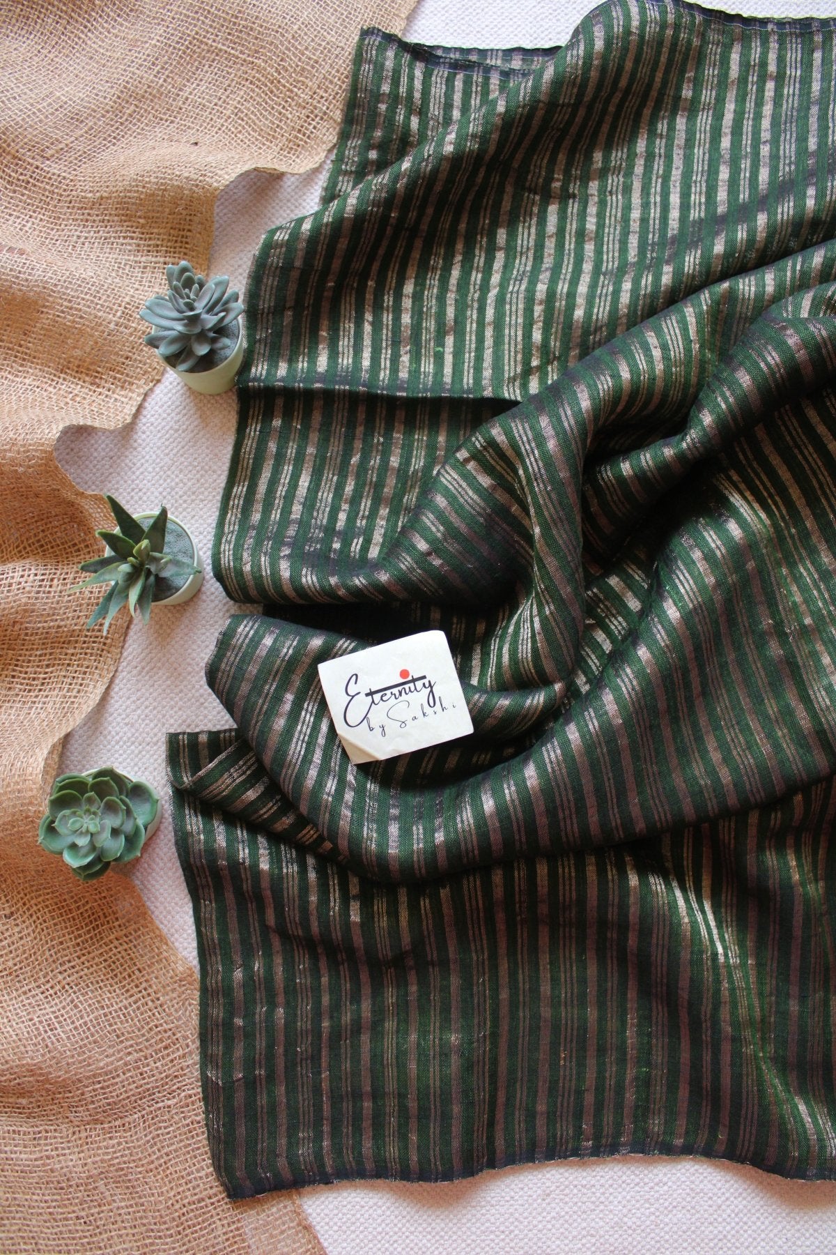 Green Metallic Stripes Linen Ira Saree - Eternity by Sakshi