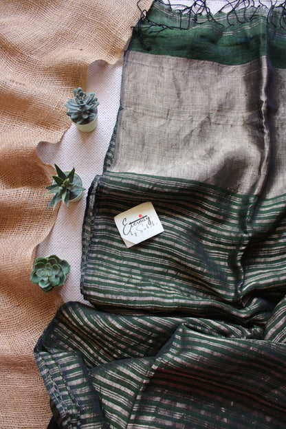 Green Metallic Stripes Linen Ira Saree - Eternity by Sakshi