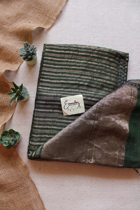 Green Metallic Stripes Linen Ira Saree - Eternity by Sakshi