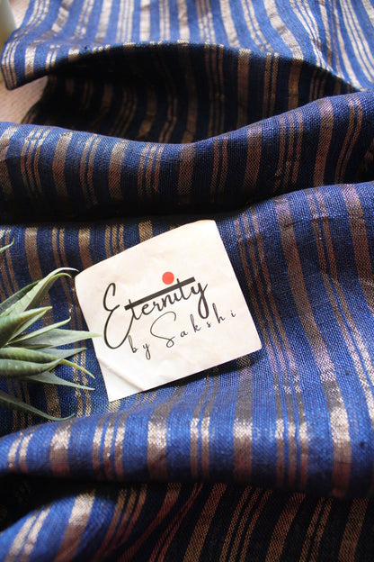 Dusty Blue Metallic Stripes Linen Ira Saree - Eternity by Sakshi