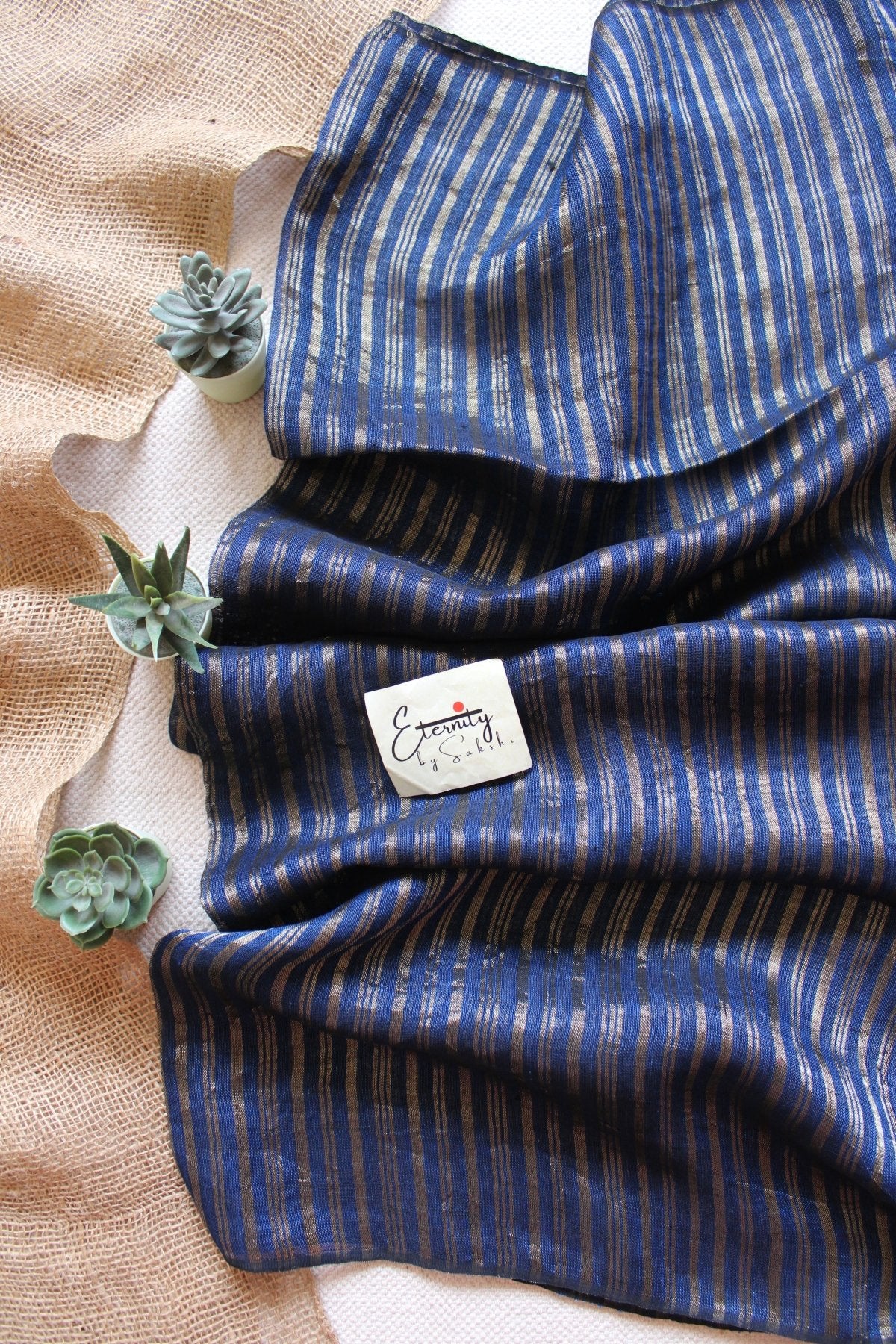 Dusty Blue Metallic Stripes Linen Ira Saree - Eternity by Sakshi