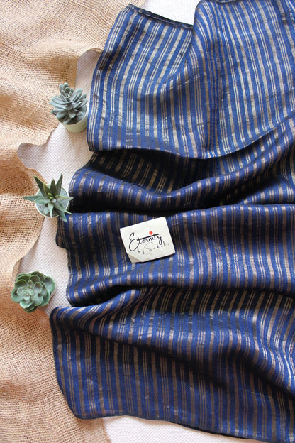Dusty Blue Metallic Stripes Linen Ira Saree - Eternity by Sakshi