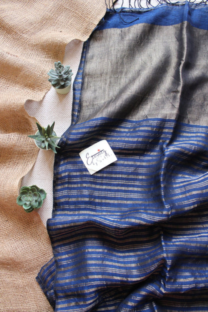 Dusty Blue Metallic Stripes Linen Ira Saree - Eternity by Sakshi