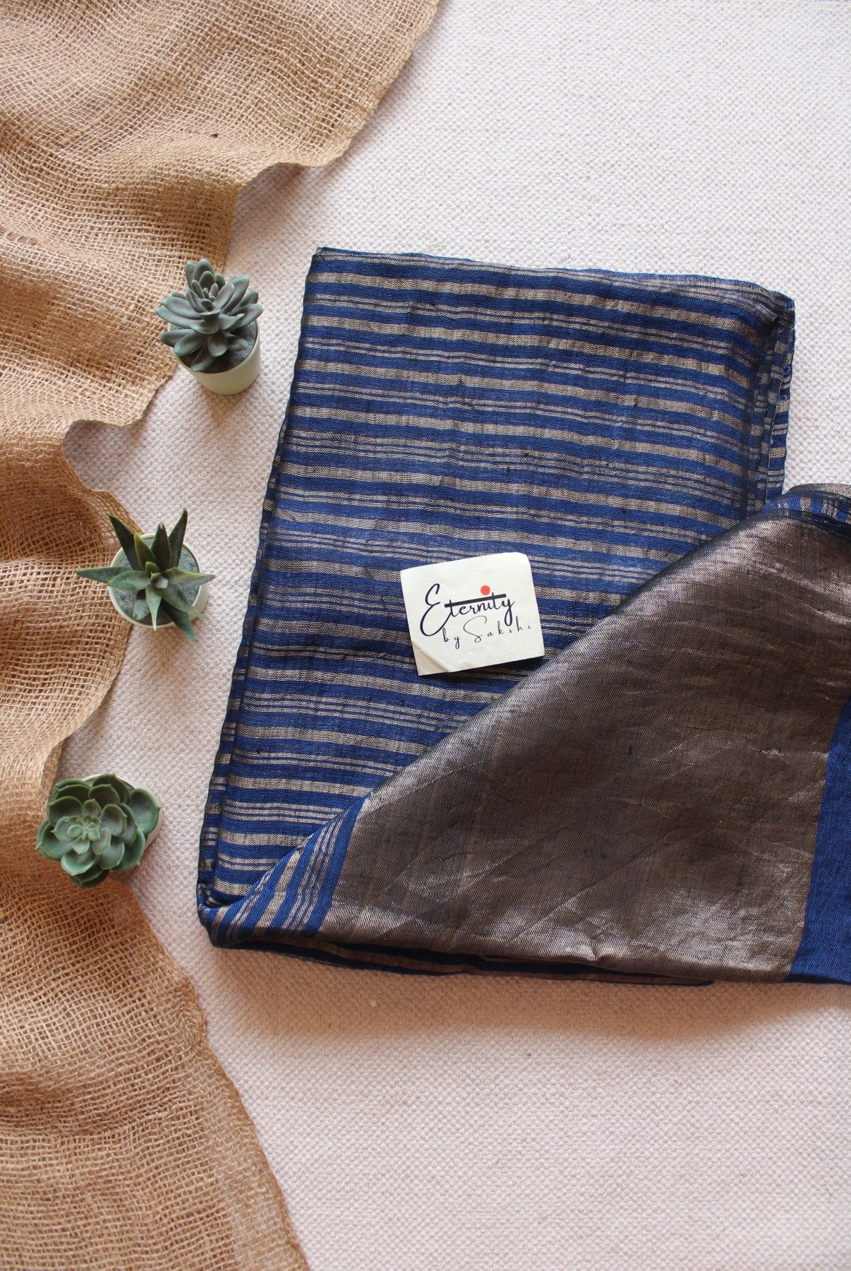 Dusty Blue Metallic Stripes Linen Ira Saree - Eternity by Sakshi