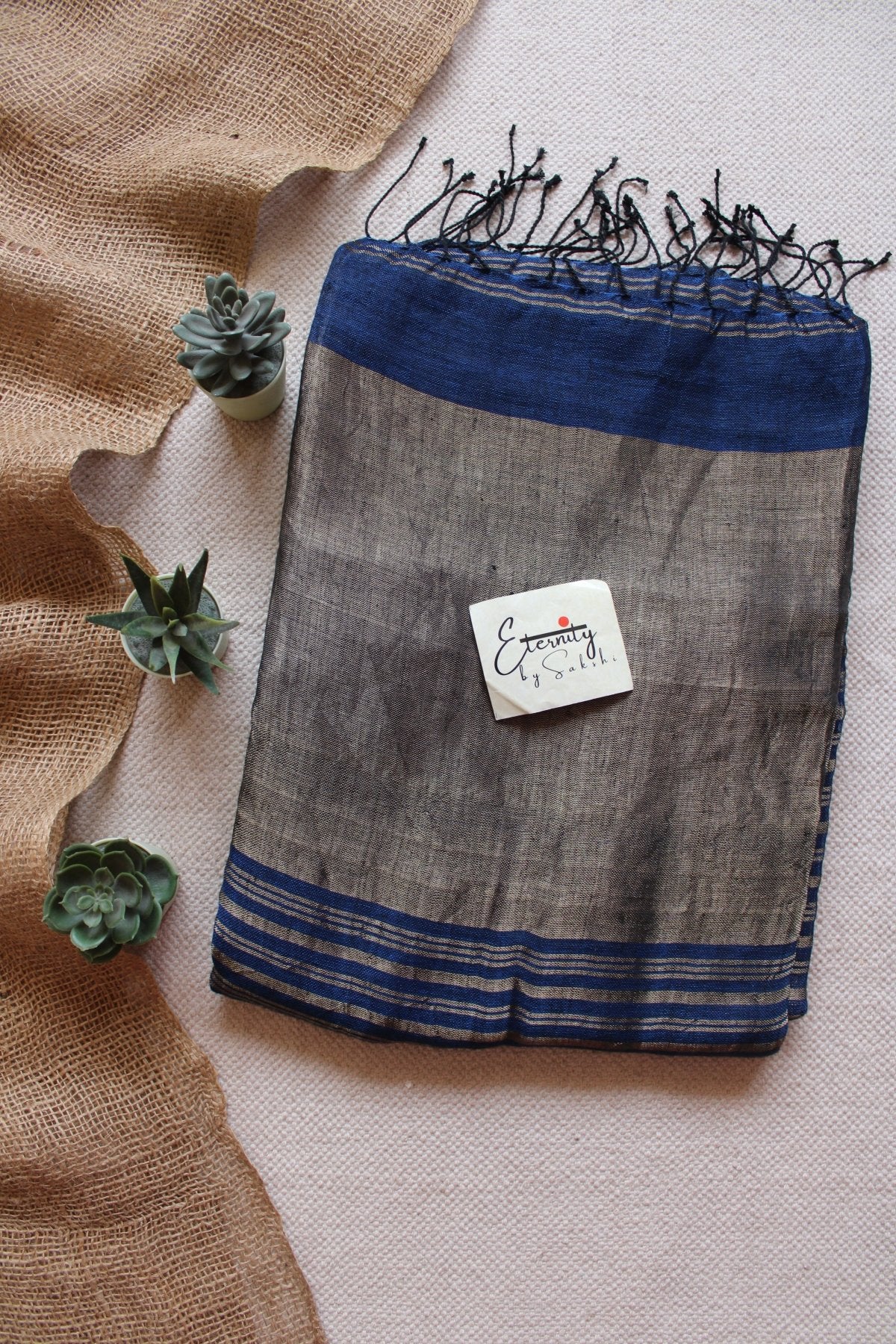 Dusty Blue Metallic Stripes Linen Ira Saree - Eternity by Sakshi