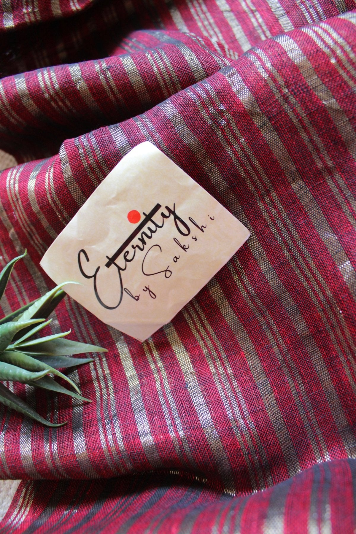 Maroon Metallic Stripes Linen Ira Saree - Eternity by Sakshi