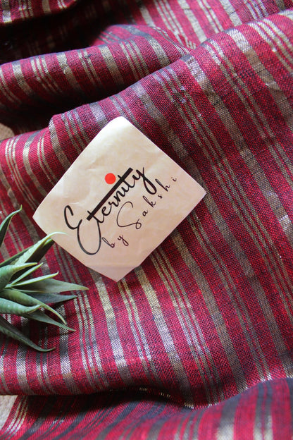 Maroon Metallic Stripes Linen Ira Saree - Eternity by Sakshi
