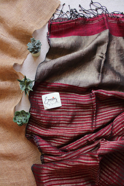 Maroon Metallic Stripes Linen Ira Saree - Eternity by Sakshi