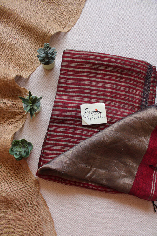 Maroon Metallic Stripes Linen Ira Saree - Eternity by Sakshi