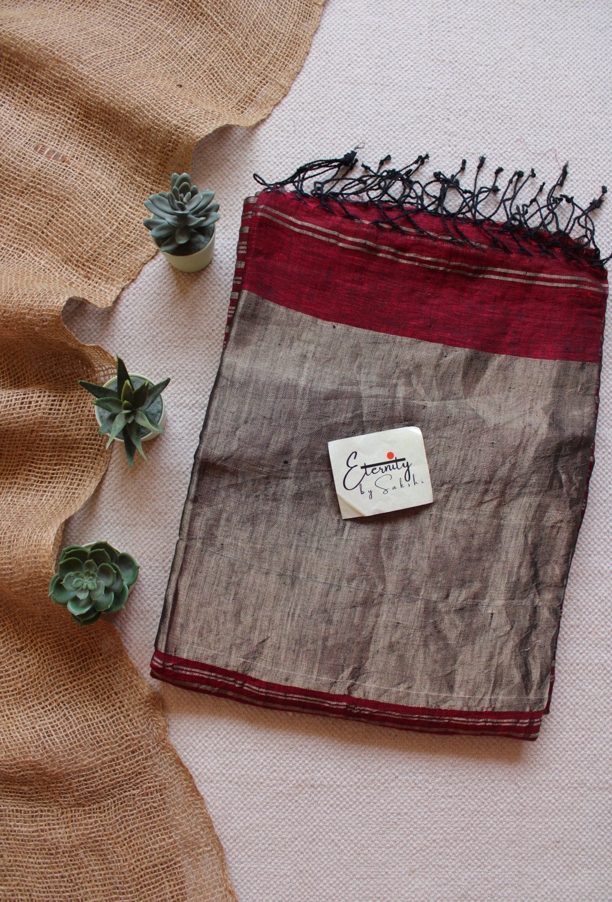 Maroon Metallic Stripes Linen Ira Saree - Eternity by Sakshi