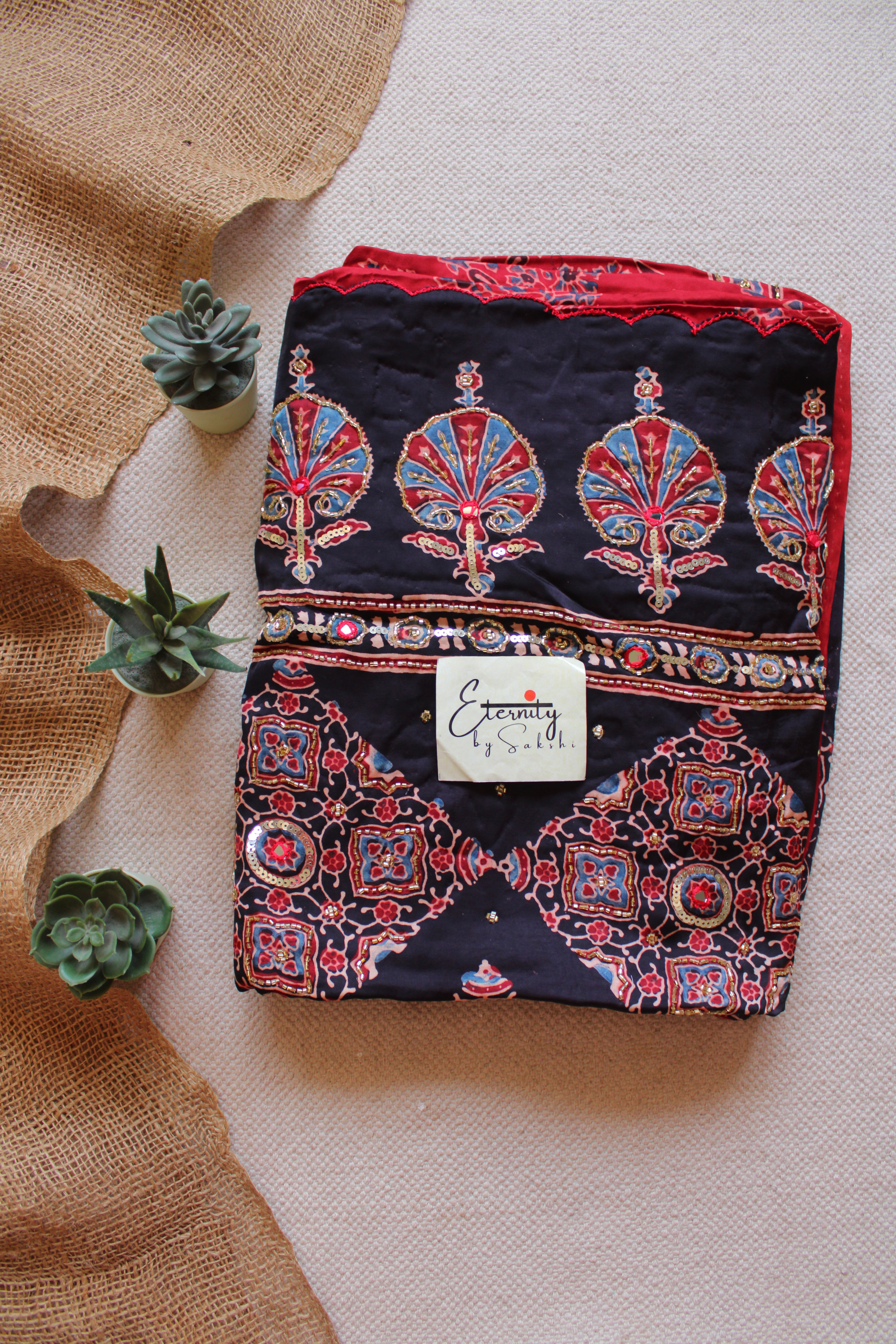 Veya Laal Ajrakh Modal Silk Handwork Saree