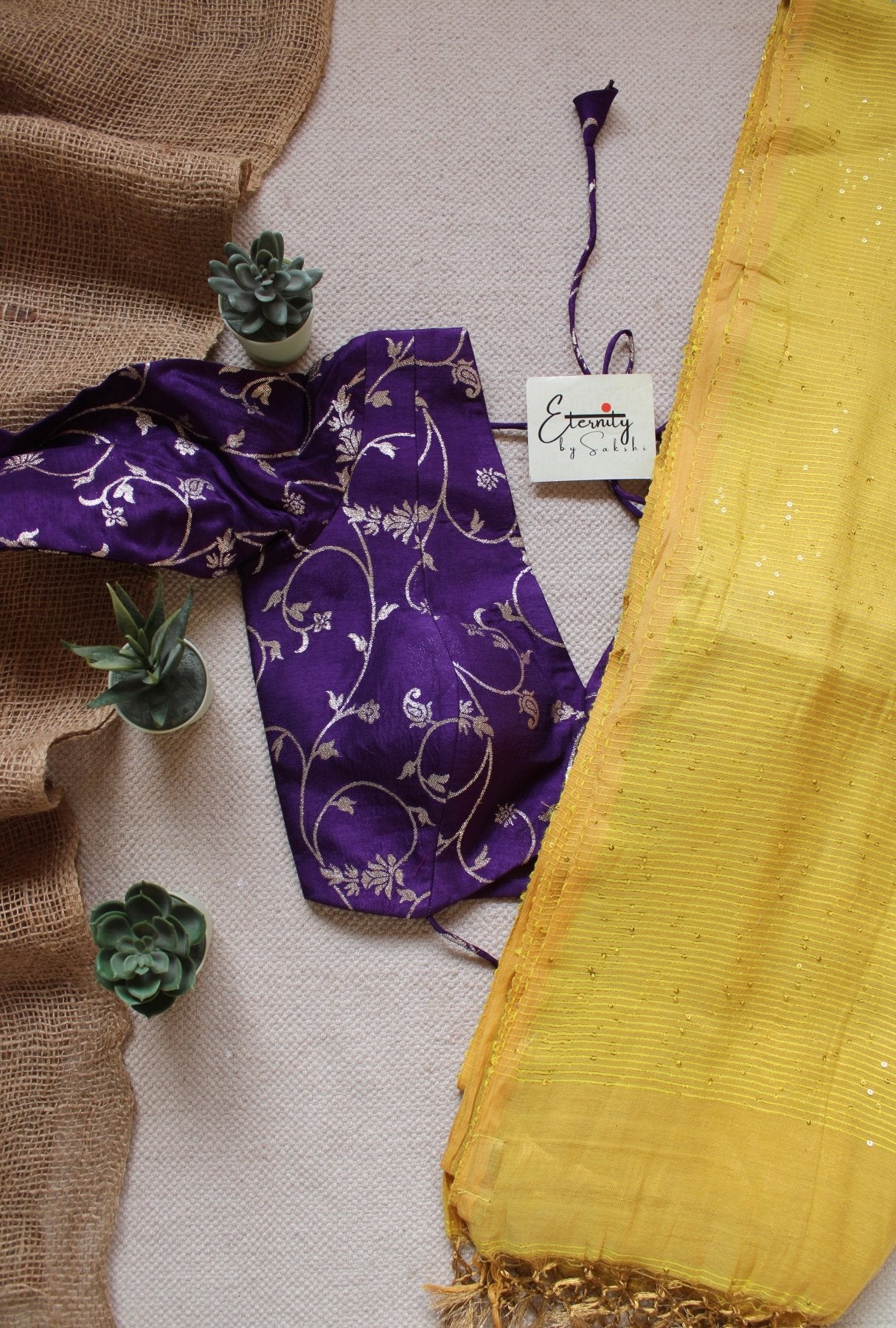Metallic yellow Shakti saree + Purple brocade blouse - Eternity by Sakshi