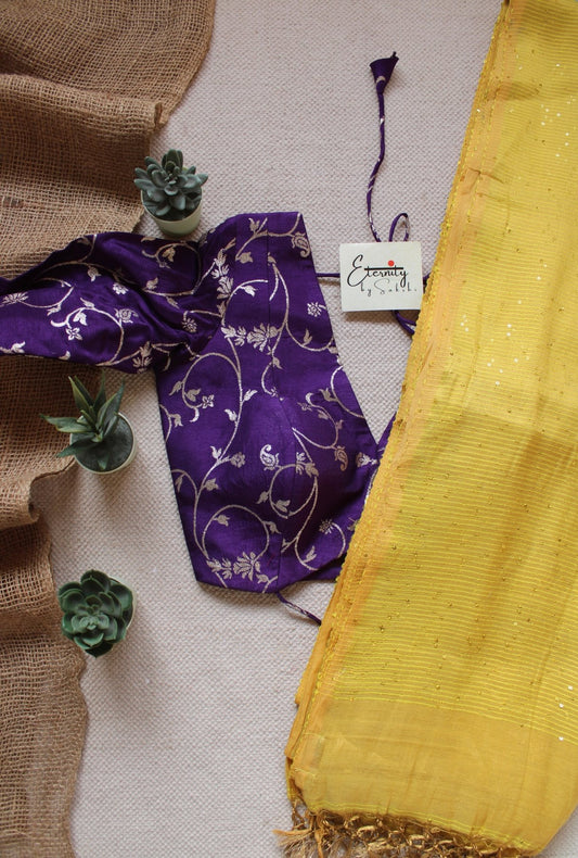 Metallic yellow Shakti saree + Purple brocade blouse - Eternity by Sakshi