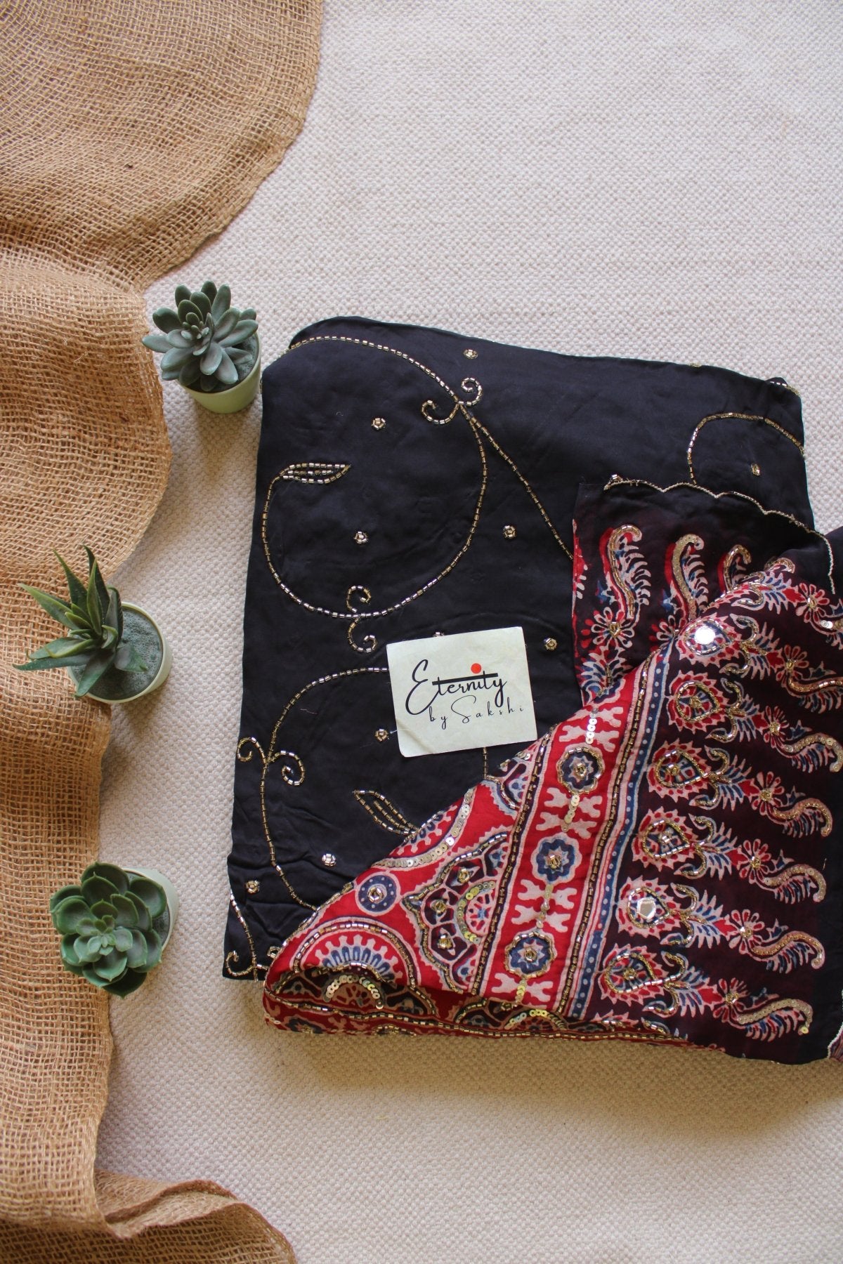 Laal Sitara Ajrakh Modal Silk Saree with Artisan Handwork - Eternity by Sakshi