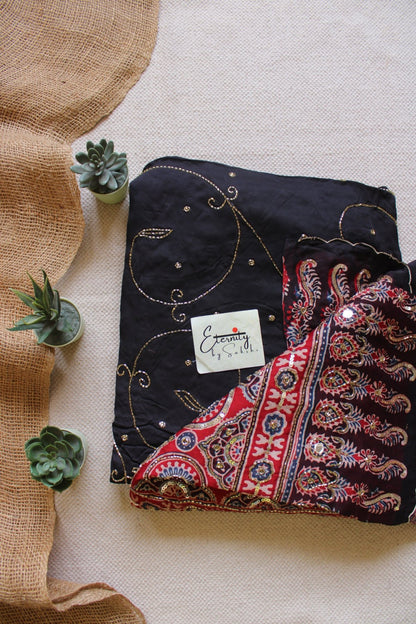 Laal Sitara Ajrakh Modal Silk Saree with Artisan Handwork - Eternity by Sakshi