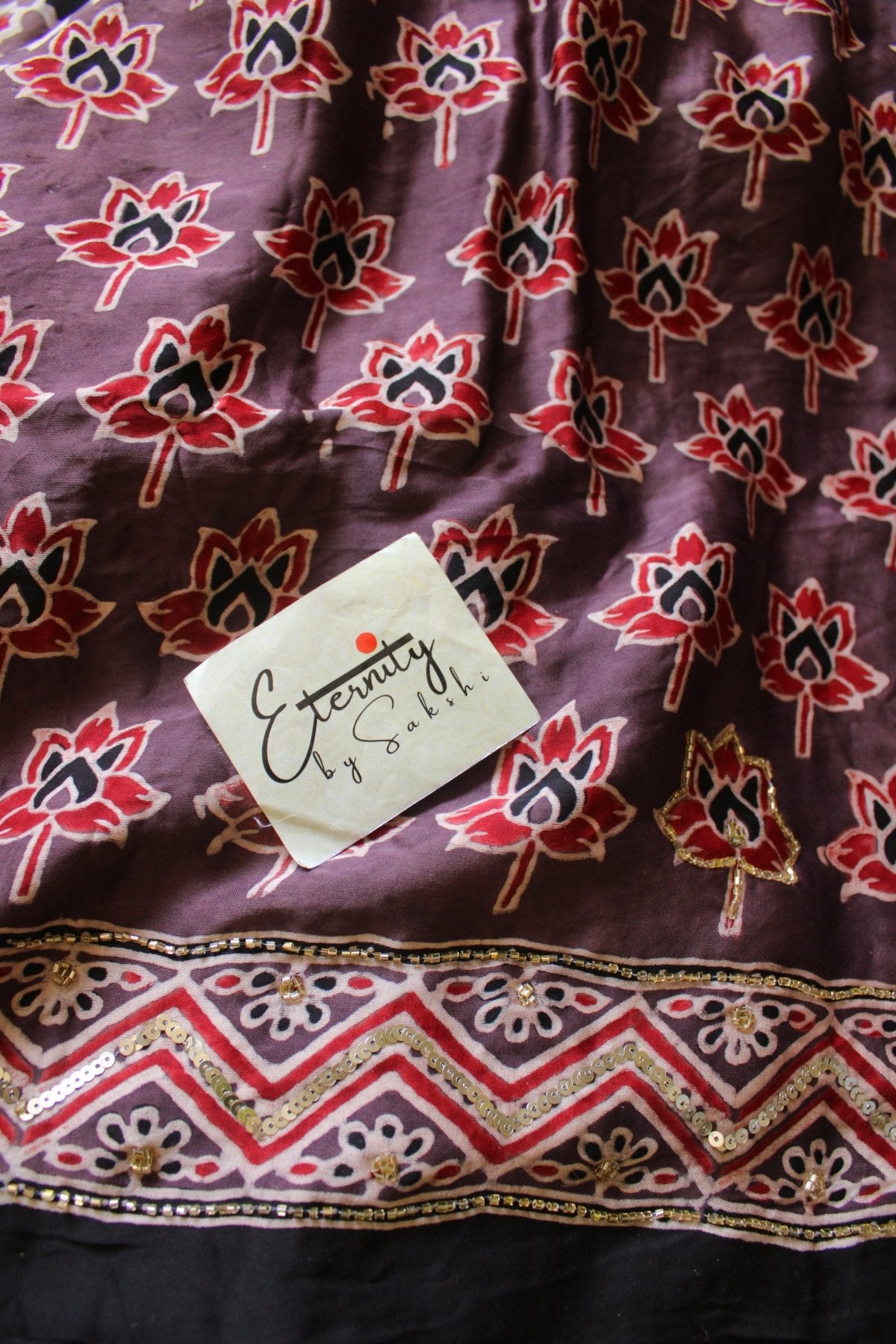 Shahi Mehroon Ajrakh Modal Silk Saree with Artisan Handwork - Eternity by Sakshi