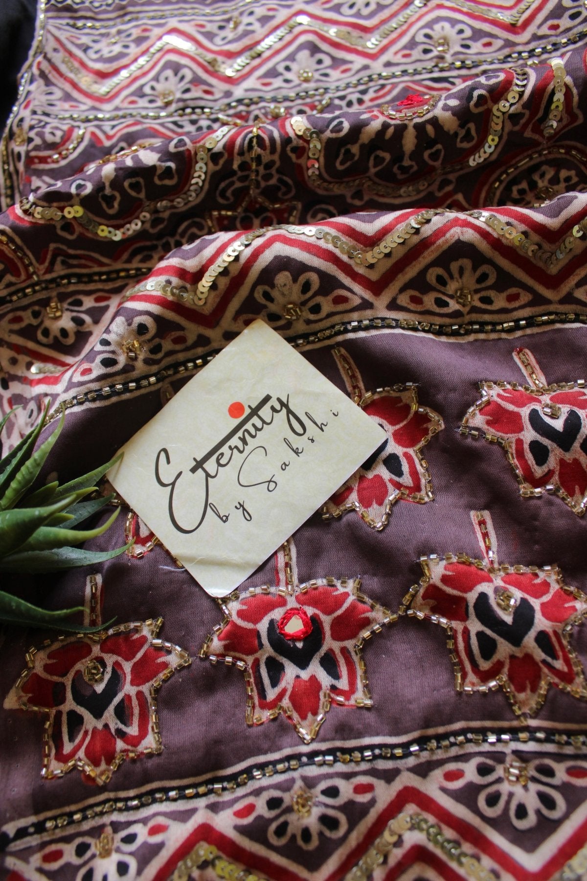 Shahi Mehroon Ajrakh Modal Silk Saree with Artisan Handwork - Eternity by Sakshi
