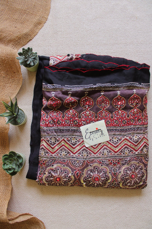 Shahi Mehroon Ajrakh Modal Silk Saree with Artisan Handwork - Eternity by Sakshi