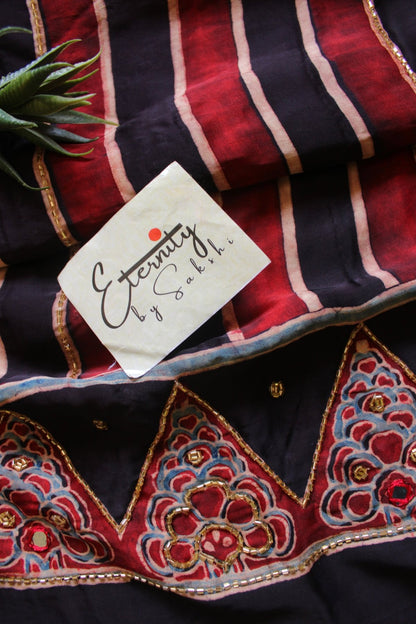 Rangmahal Ajrakh Modal Silk Saree with Artisan Handwork - Eternity by Sakshi
