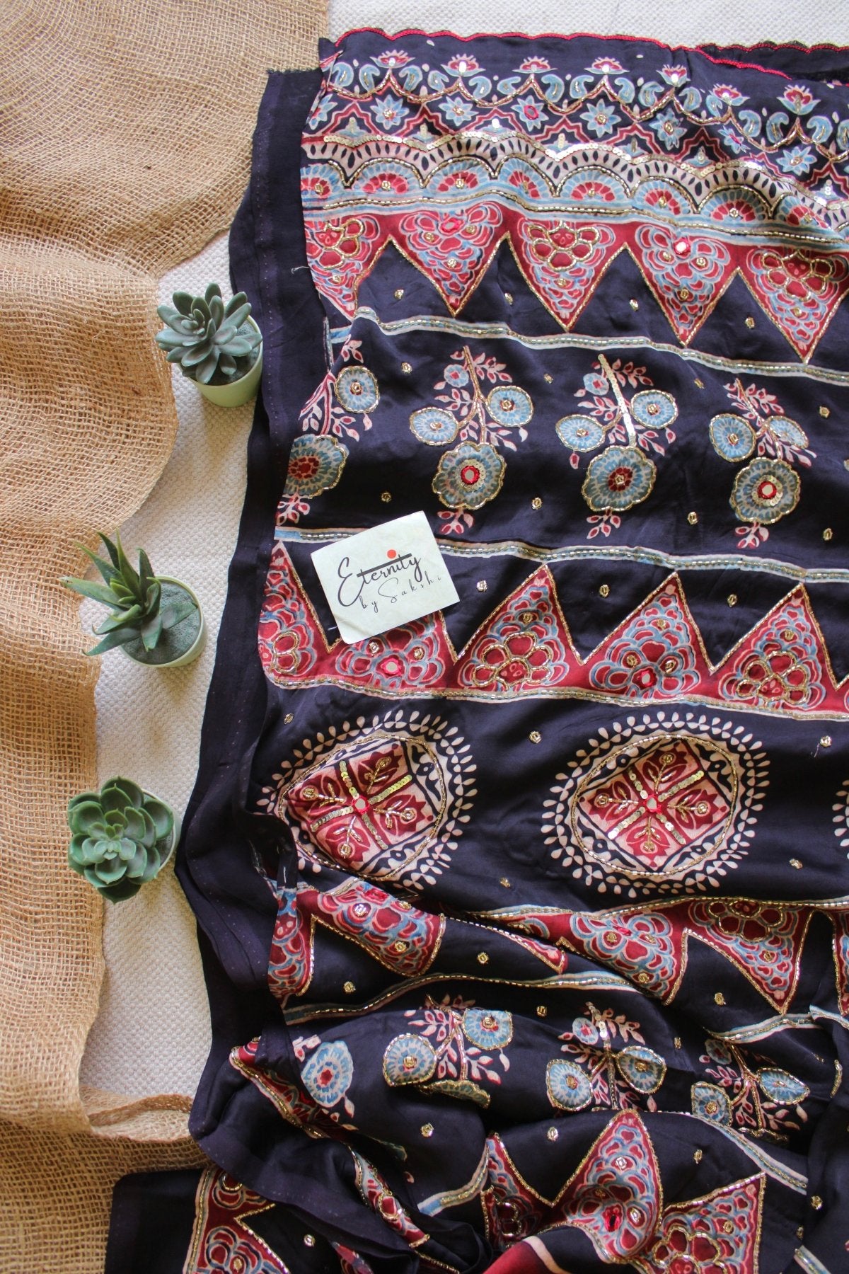 Rangmahal Ajrakh Modal Silk Saree with Artisan Handwork - Eternity by Sakshi