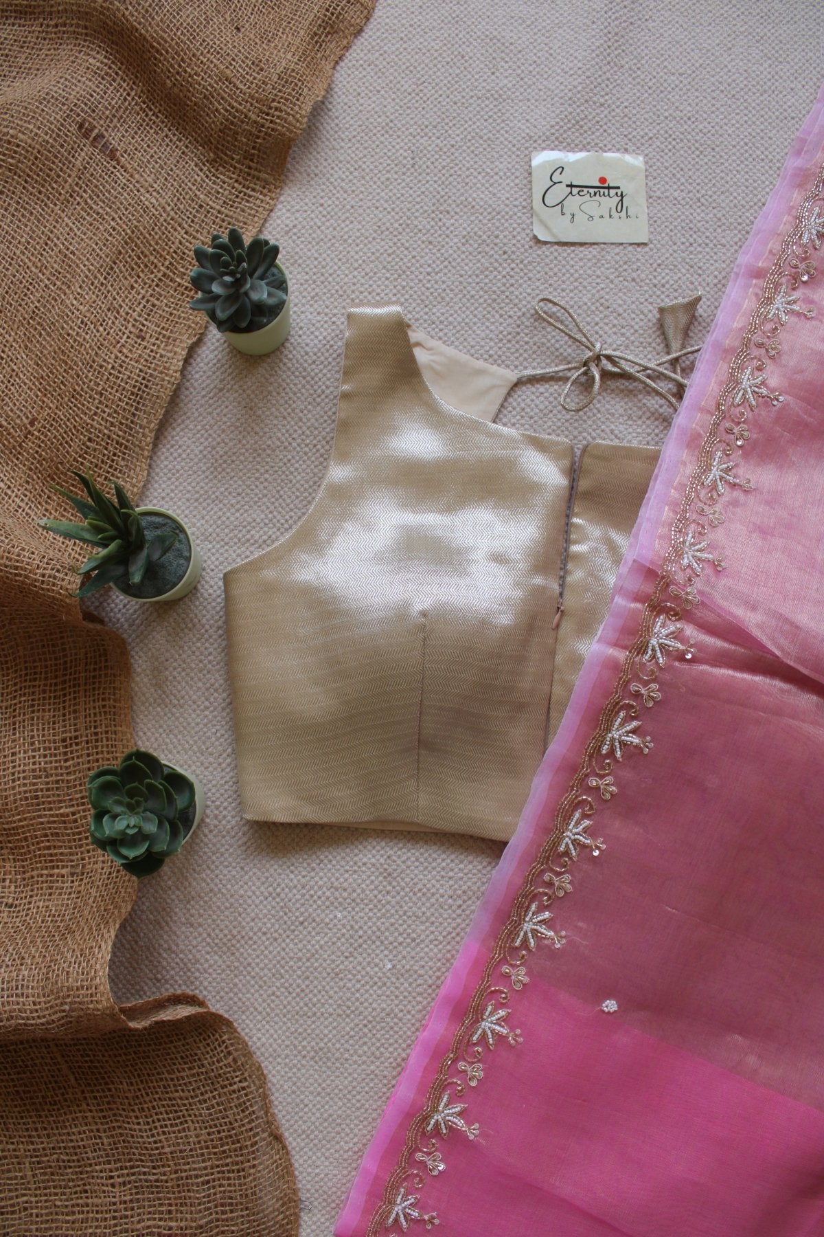 Pink Handwork Raaz Saree + Beige Metallic Single Zip Mood Blouse Combo - Eternity by Sakshi