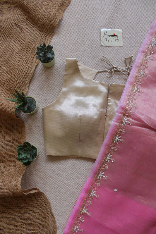Pink Handwork Raaz Saree + Beige Metallic Single Zip Mood Blouse Combo - Eternity by Sakshi