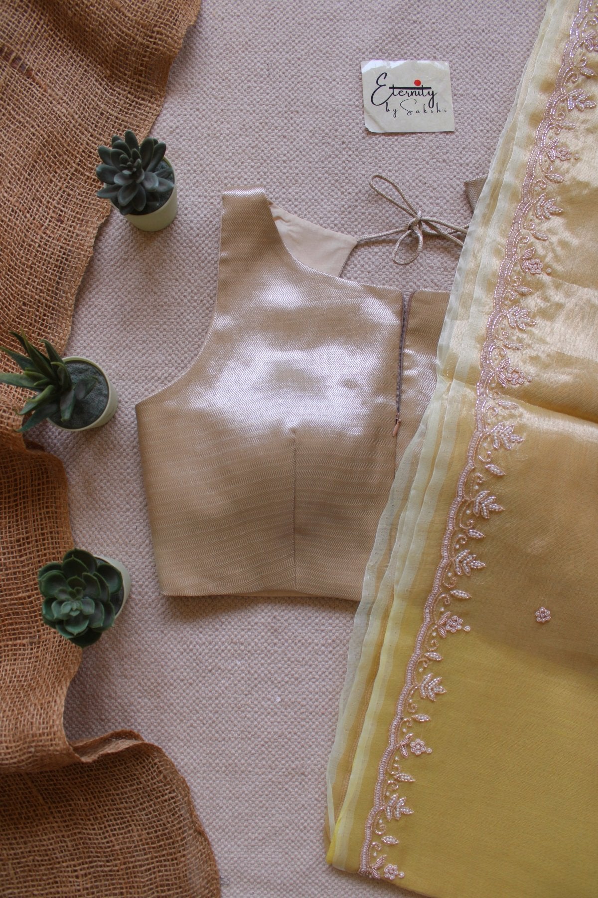 Yellow Handwork Raaz Saree + Beige Metallic Single Zip Mood Blouse Combo - Eternity by Sakshi