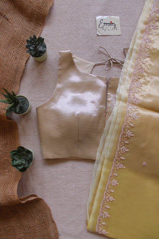 Yellow Handwork Raaz Saree + Beige Metallic Single Zip Mood Blouse Combo - Eternity by Sakshi