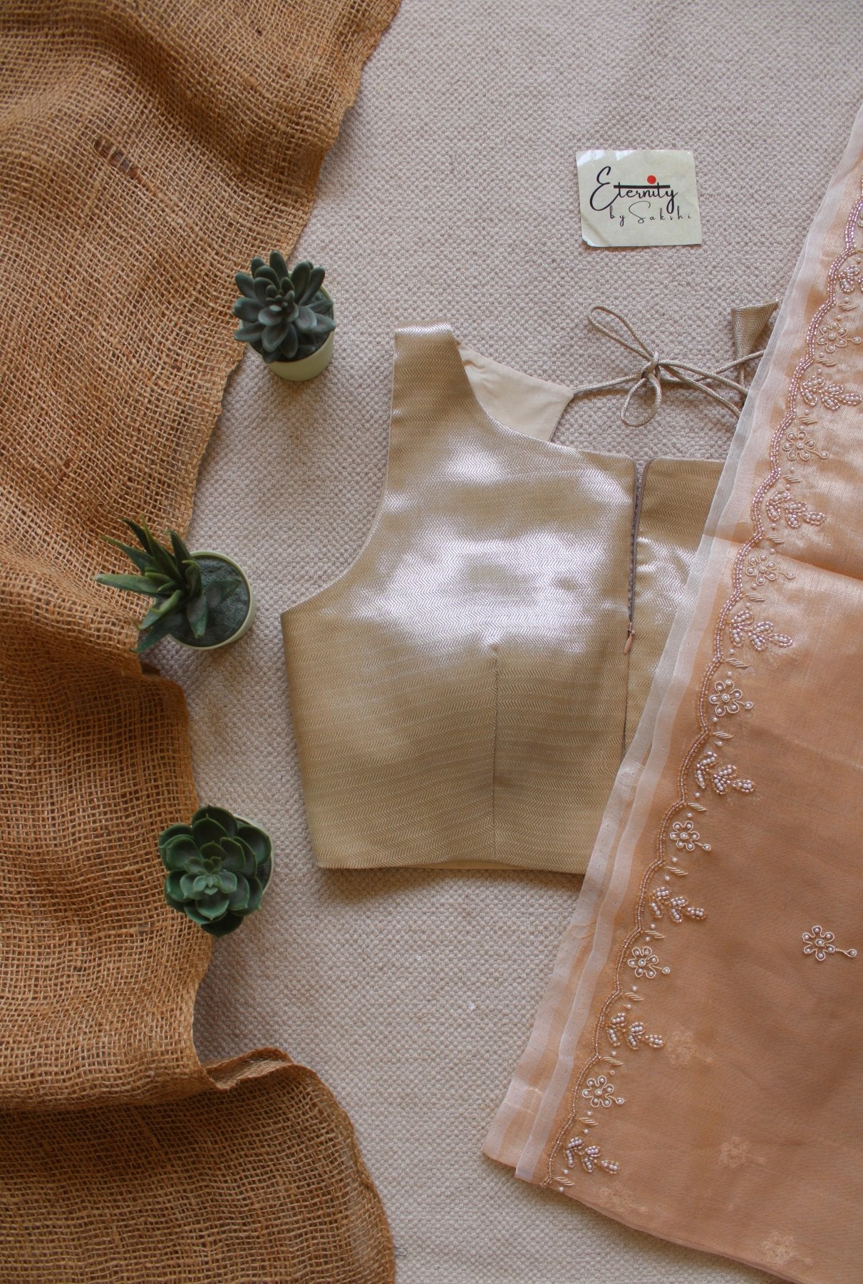 Pearl Handwork Raaz Saree + Beige Metallic Single Zip Mood Blouse Combo - Eternity by Sakshi
