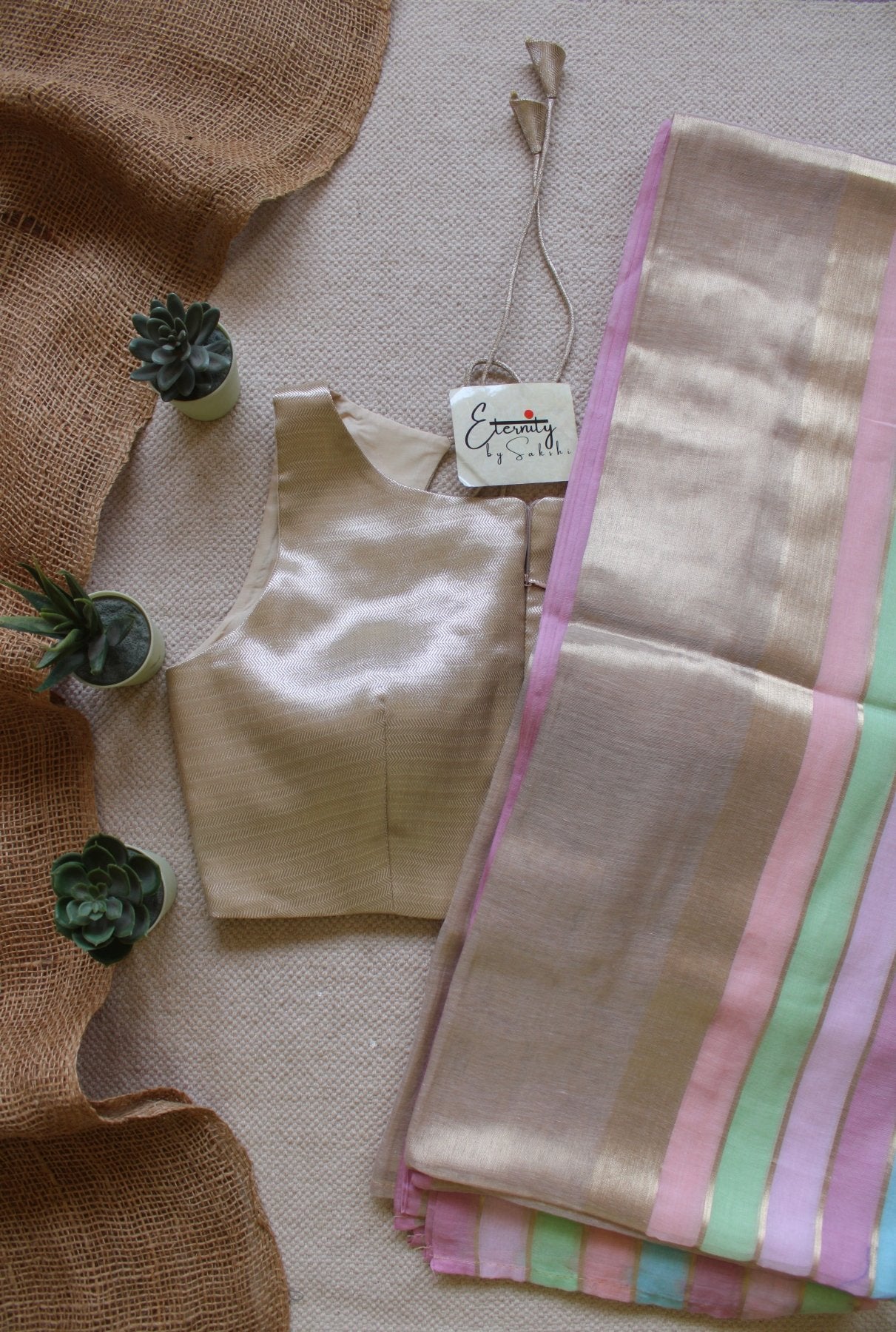 Pastel Whisper Onam Saree + Beige Metallic Single Zip Mood Blouse Combo - Eternity by Sakshi
