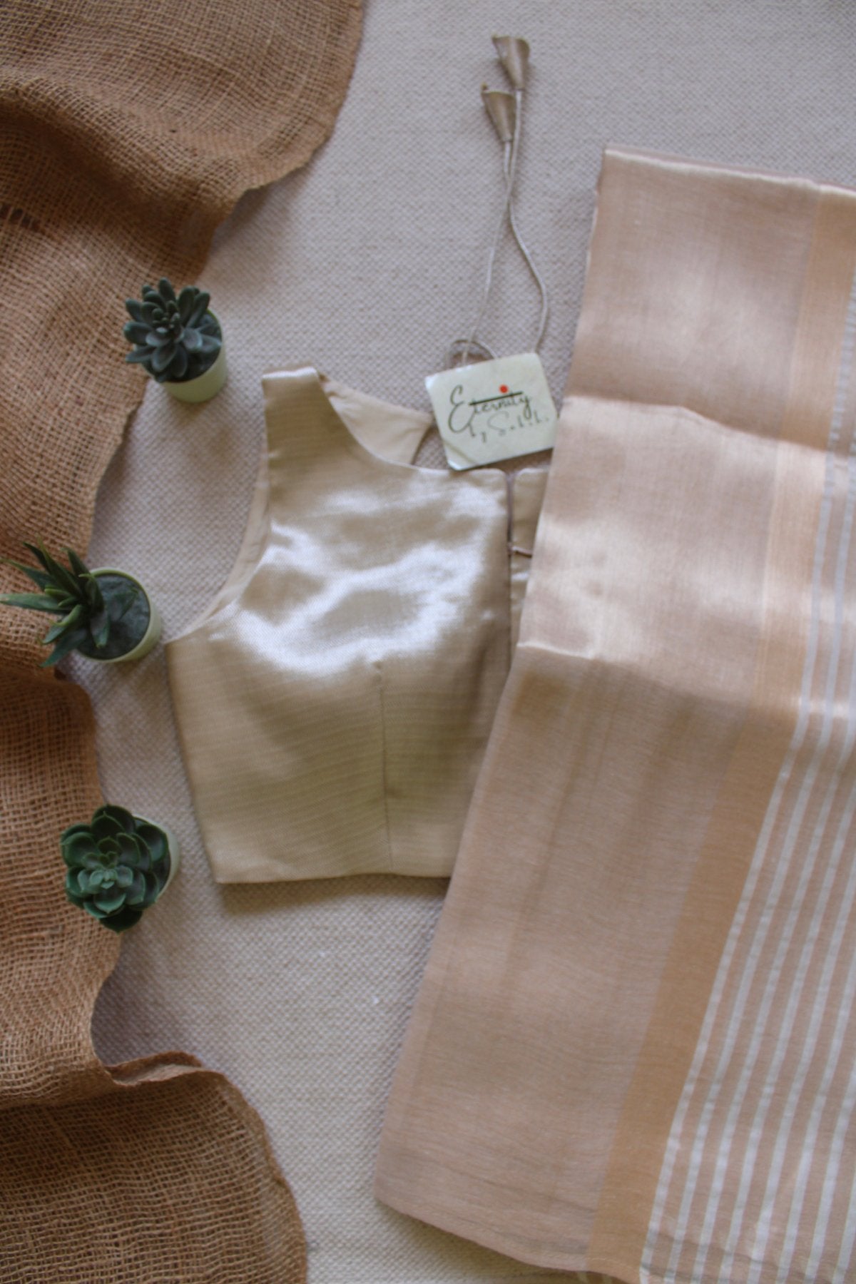 Beige Metallic Single Zip Mood Blouse + Gold Namasya Onam Saree Combo - Eternity by Sakshi