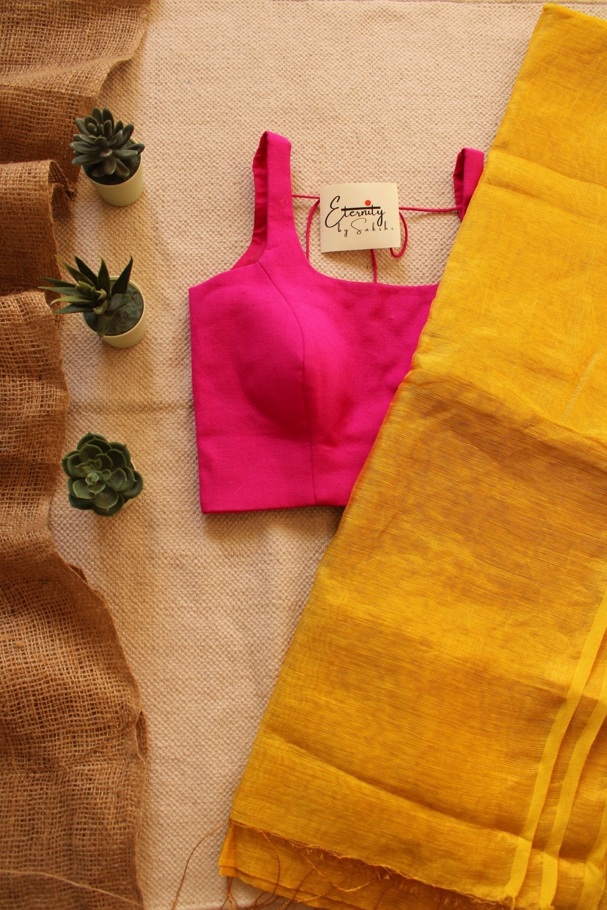 Yellow Raatein Saree + Fuscia Noorie Blouse Combo - Eternity by Sakshi