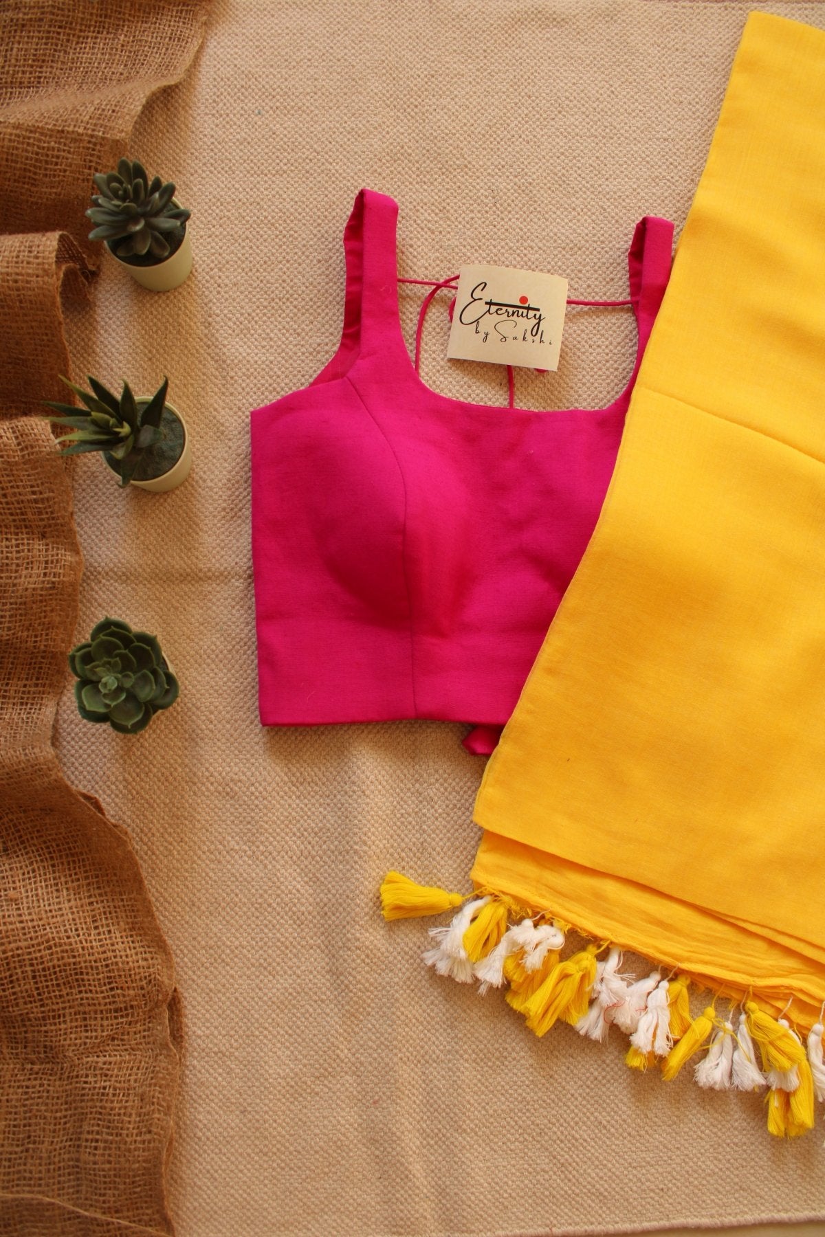 Peeli Breezy Saree + Fuscia Noorie Blouse Combo - Eternity by Sakshi