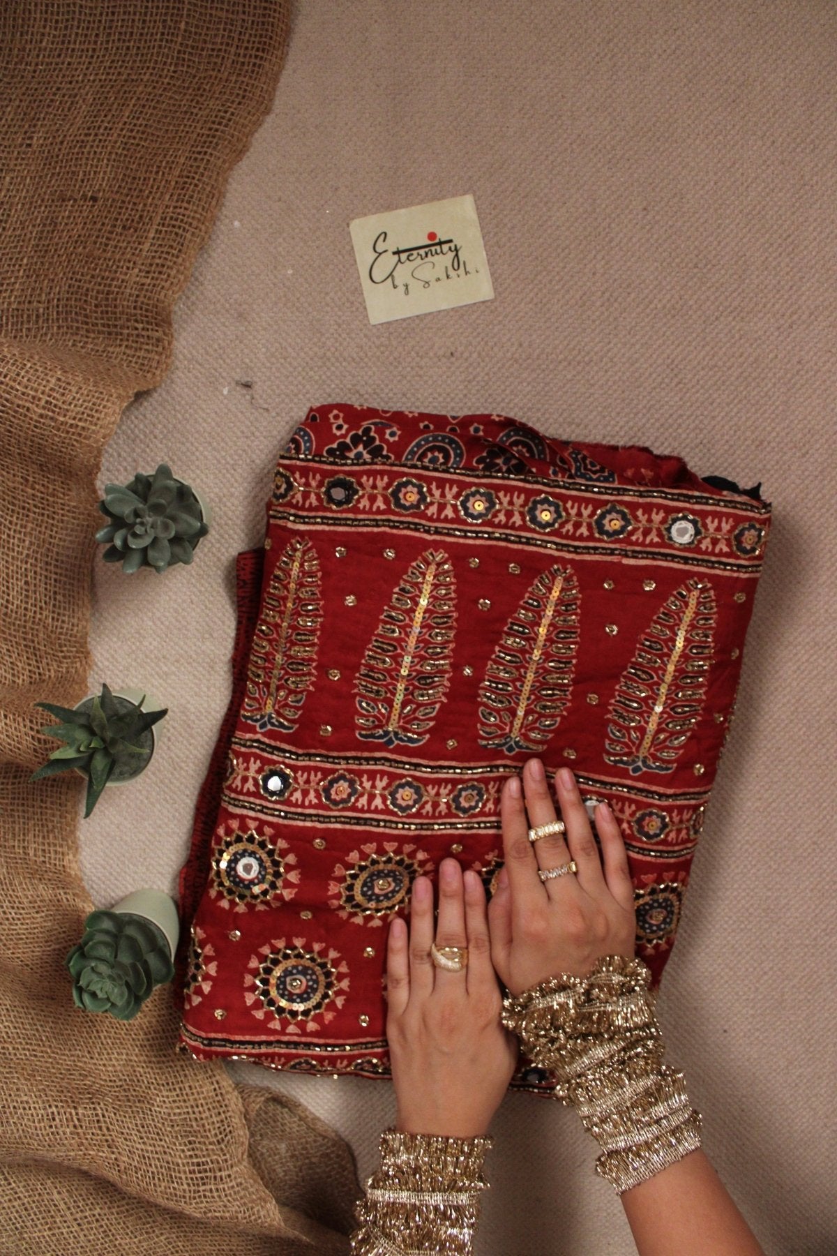 Roshna Ajrakh Modal Silk Saree with Artisan Handwork - Eternity by Sakshi