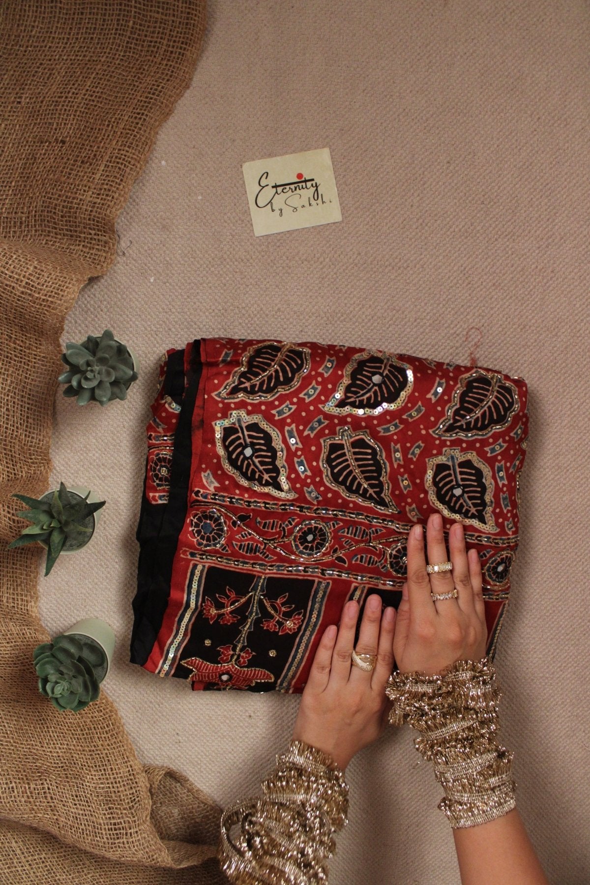 Noorva Ajrakh Modal Silk Saree with Artisan Handwork - Eternity by Sakshi