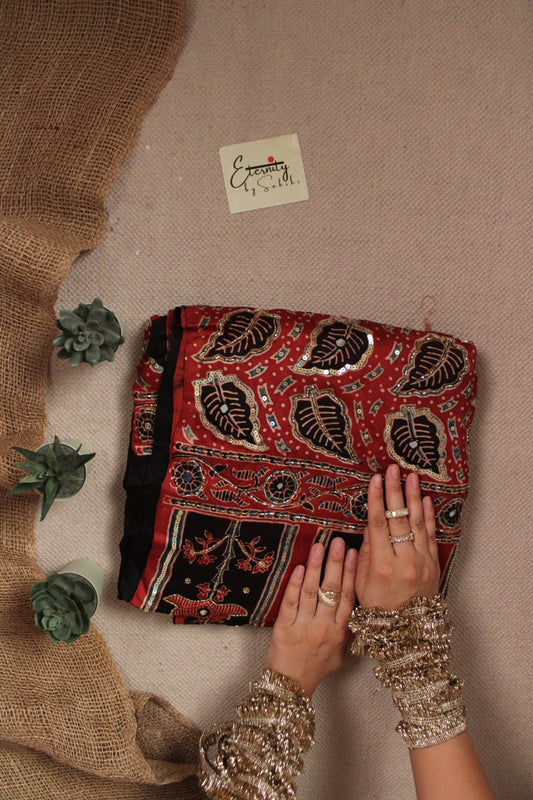 Noorva Ajrakh Modal Silk Saree with Artisan Handwork - Eternity by Sakshi