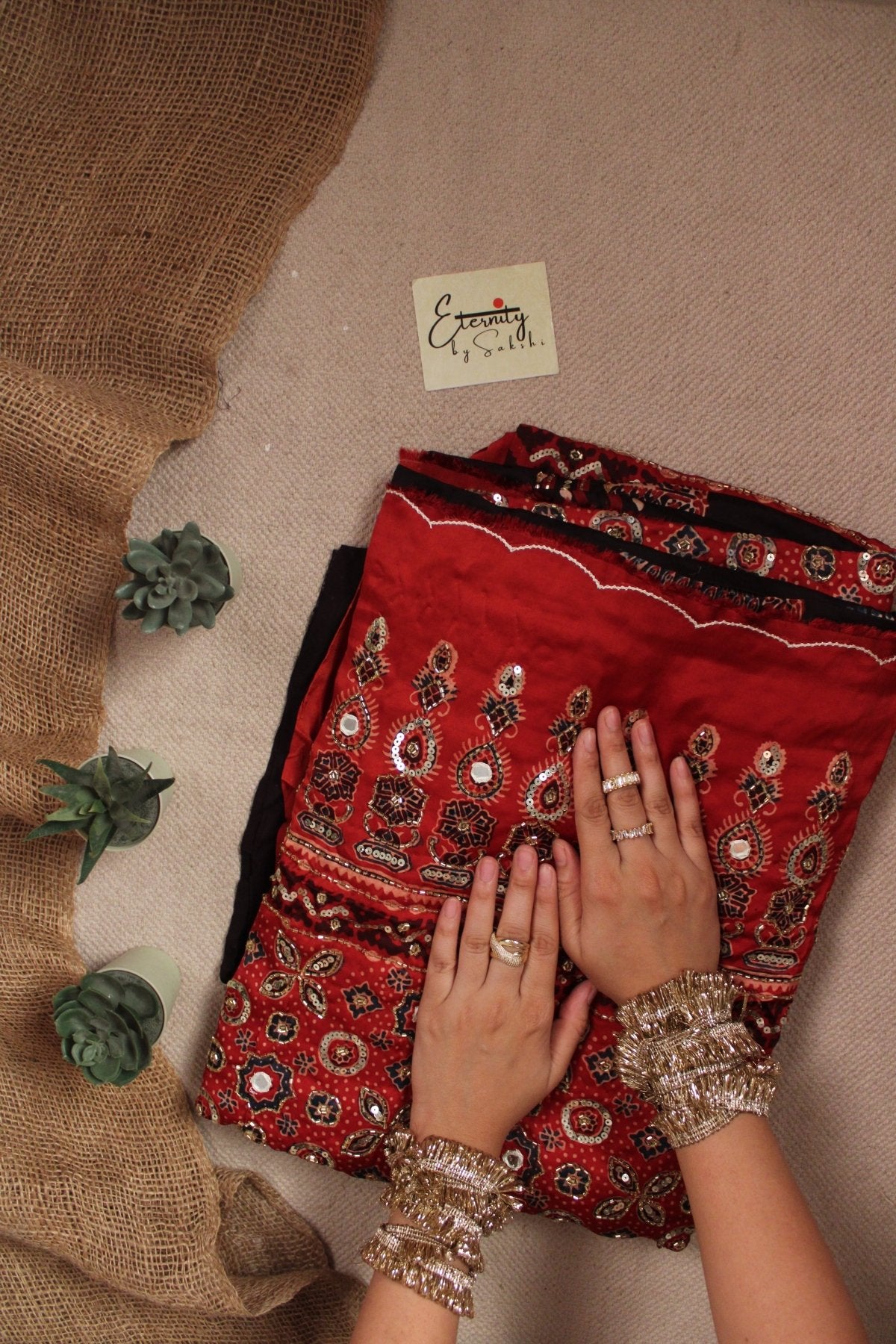 Rust & Mirror Ajrakh Modal Silk Saree with Artisan Handwork - Eternity by Sakshi