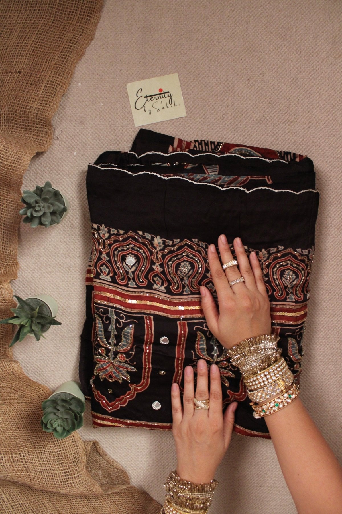 Shehnaaz Ajrakh Modal Silk Saree with Artisan Handwork - Eternity by Sakshi