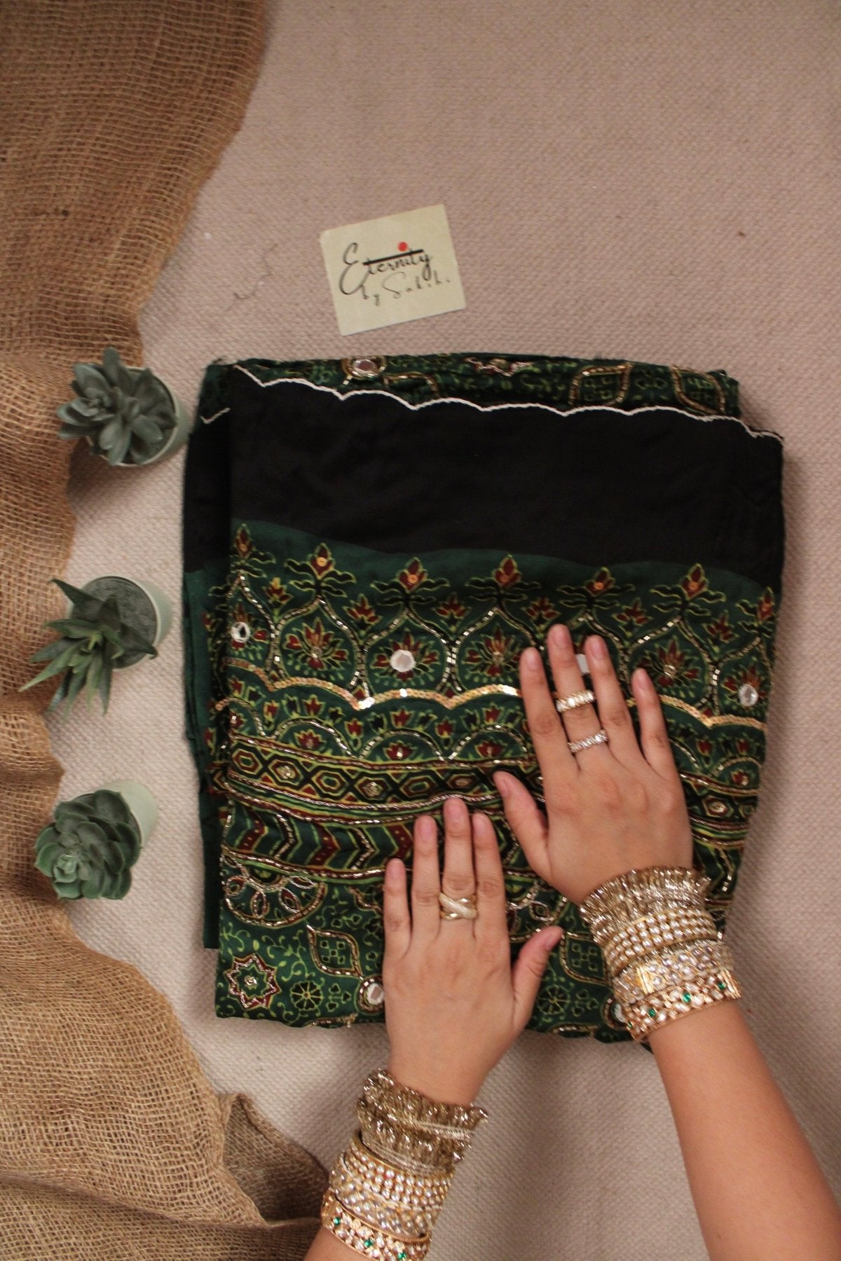 Zarina Green Ajrakh Modal Silk Saree with Artisan Handwork - Eternity by Sakshi