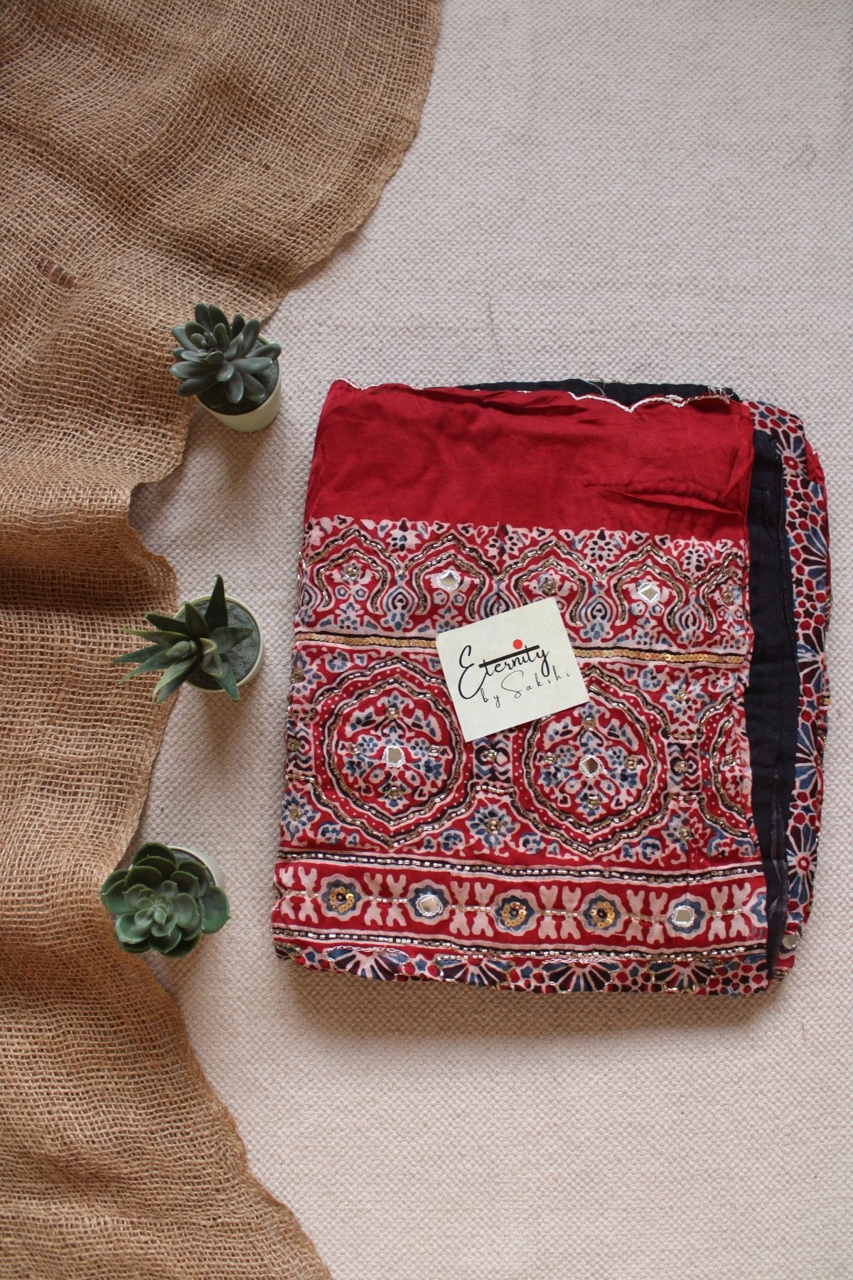 Ruhani Red Ajrakh Modal Silk Saree with Artisan Handwork - Eternity by Sakshi