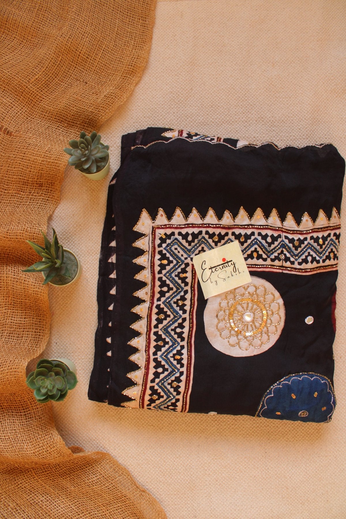 Chaandbaali Ajrakh Modal Silk Saree with Artisan Handwork - Eternity by Sakshi