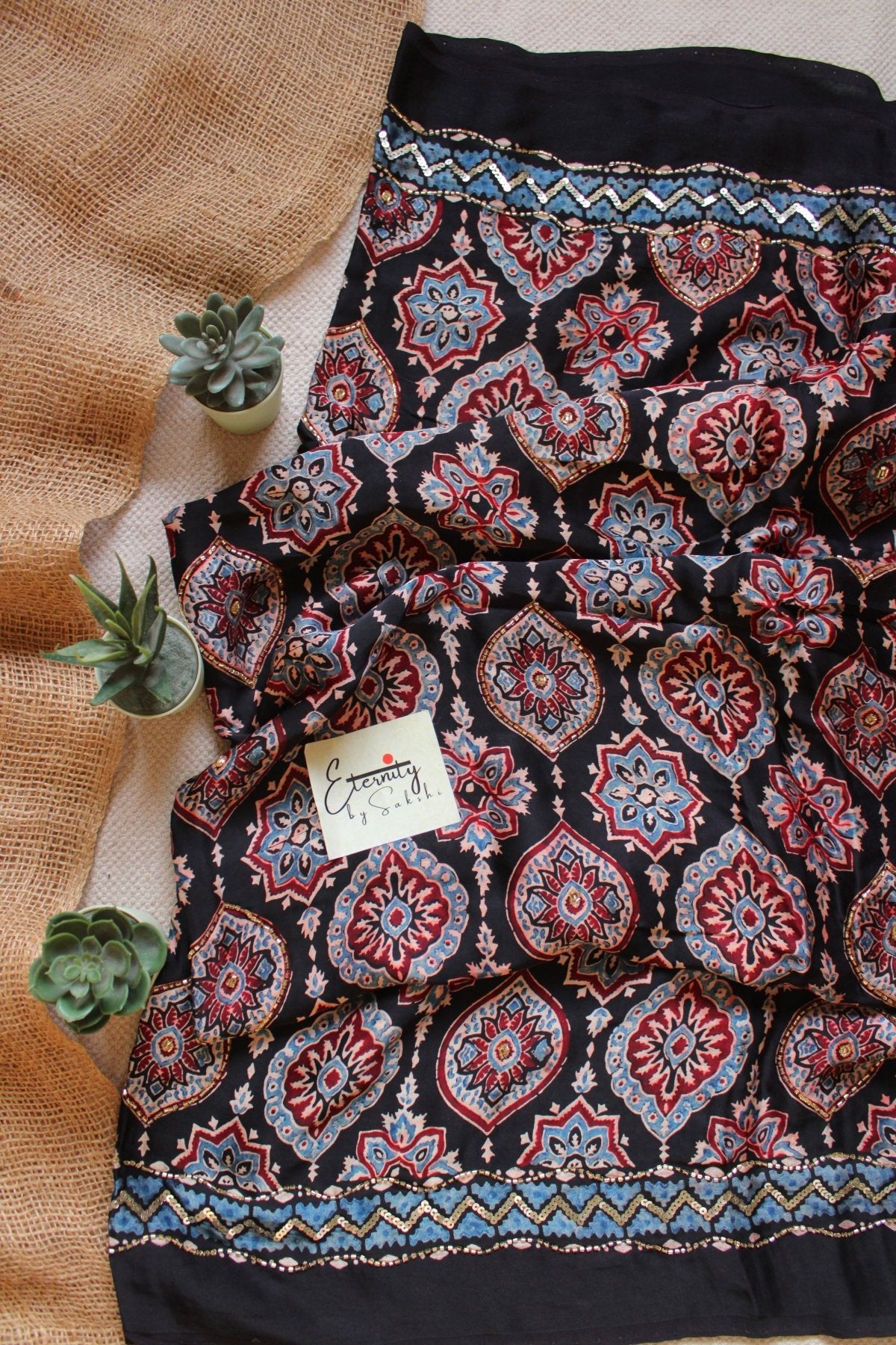 Aaina Raag Ajrakh Modal Silk Saree with Artisan Handwork - Eternity by Sakshi