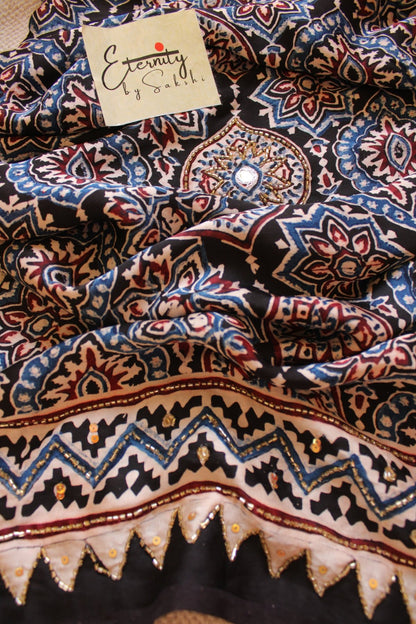 Chaandbaali Ajrakh Modal Silk Saree with Artisan Handwork - Eternity by Sakshi