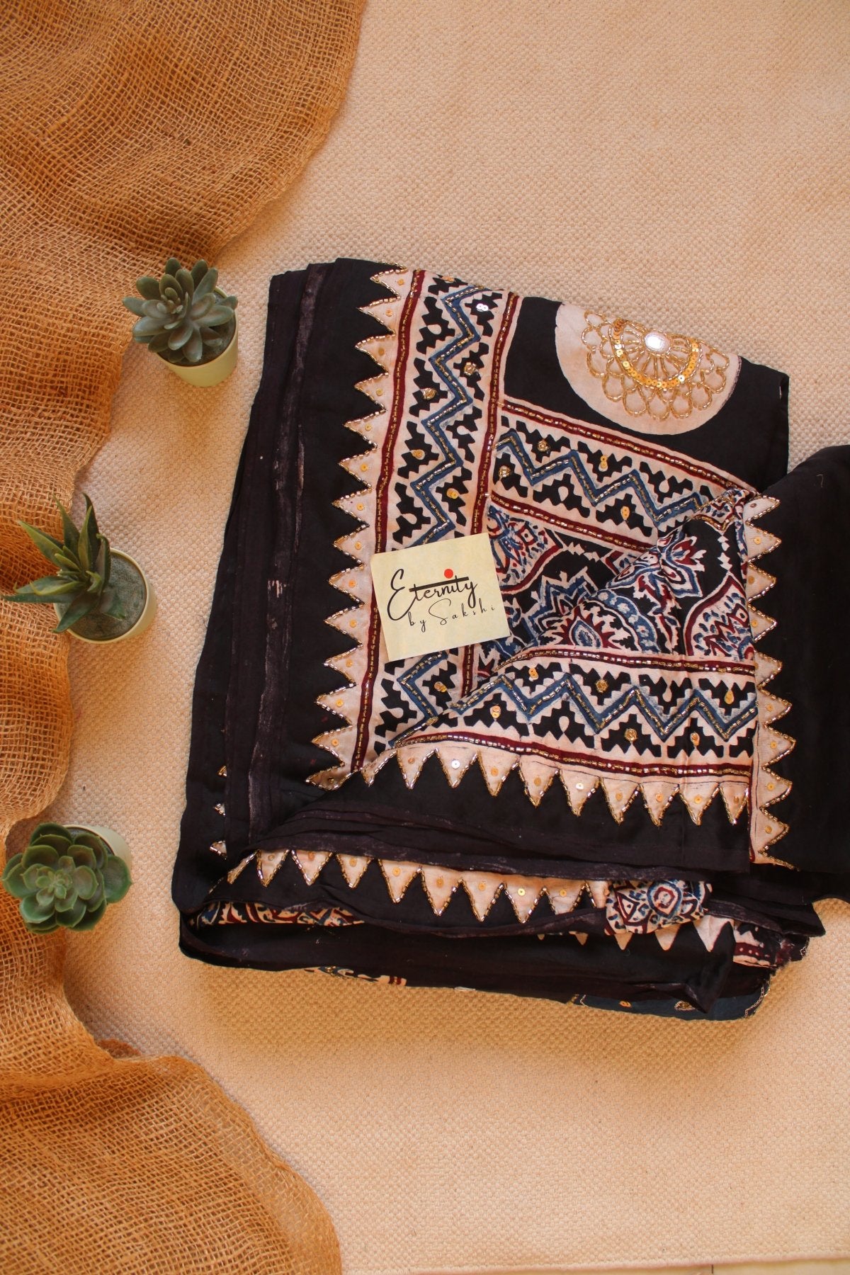 Chaandbaali Ajrakh Modal Silk Saree with Artisan Handwork - Eternity by Sakshi