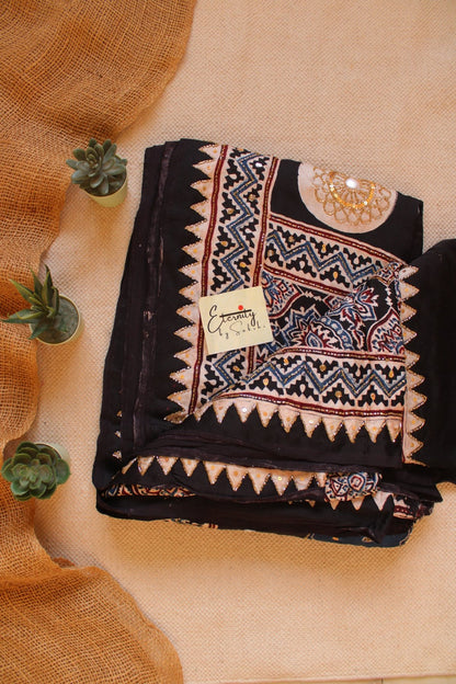 Chaandbaali Ajrakh Modal Silk Saree with Artisan Handwork - Eternity by Sakshi