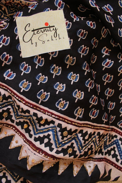 Chaandbaali Ajrakh Modal Silk Saree with Artisan Handwork - Eternity by Sakshi