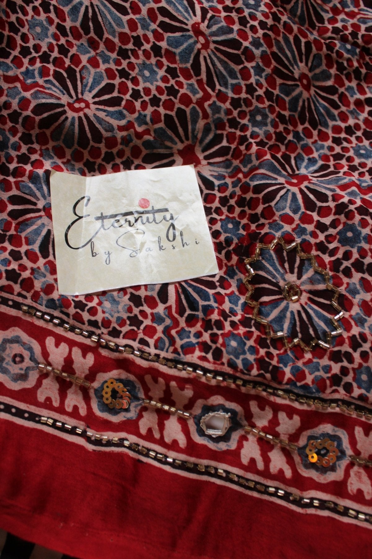 Ruhani Red Ajrakh Modal Silk Saree with Artisan Handwork - Eternity by Sakshi