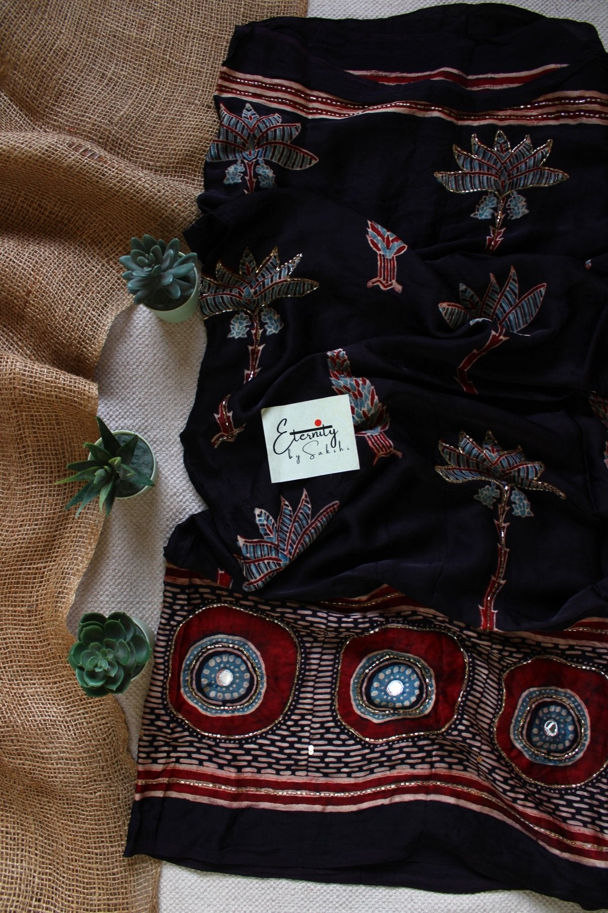 Shehnaaz Ajrakh Modal Silk Saree with Artisan Handwork - Eternity by Sakshi