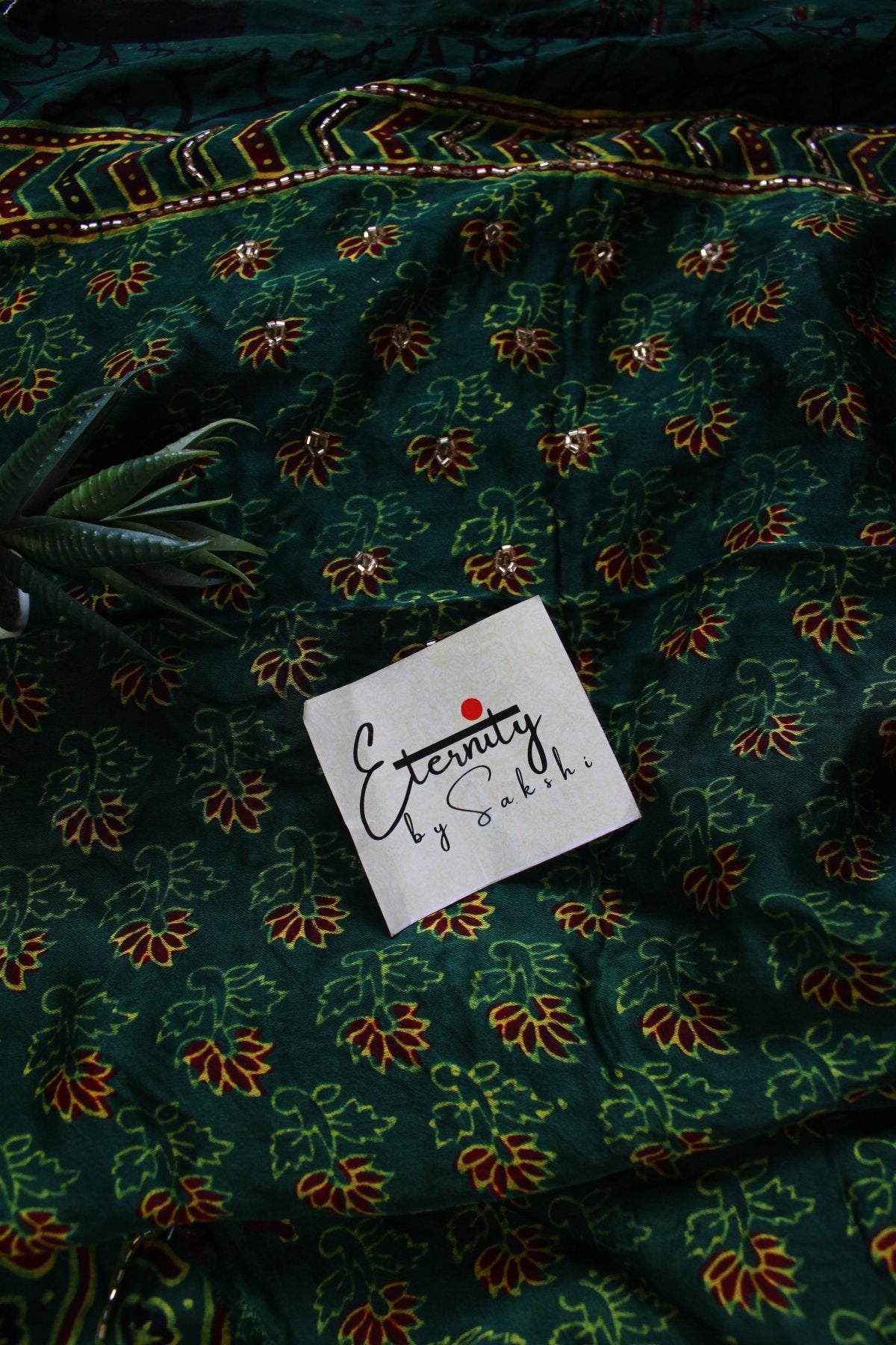 Zarina Green Ajrakh Modal Silk Saree with Artisan Handwork - Eternity by Sakshi